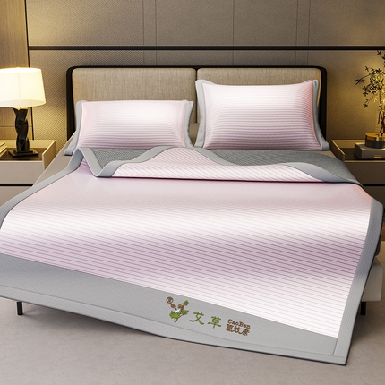 阿牛席业 2025新款水洗冰晶系列-宽头绣复三明治条席 水云间-粉-反面三明治款条席