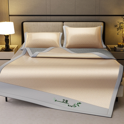 阿牛席业 2025新款水洗冰晶系列-宽头绣复三明治条席 饼干花-咖-反面三明治款条席