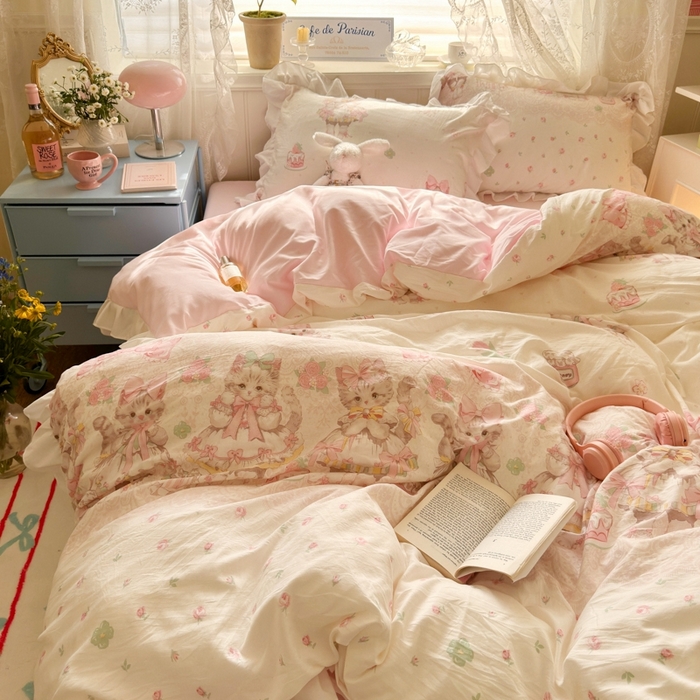 91家纺网 家纺一手货源 找家纺 慕澄家纺 2025新款法式浪漫风花边款水洗棉四件套 花边款-洛丽塔