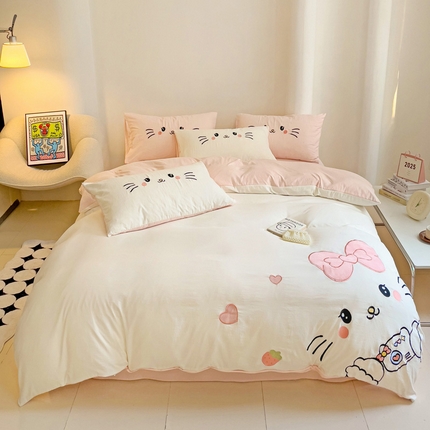 逸尚阁 2025新款可爱猫咪贴布绣水洗棉四件套【提供买家秀】 可爱猫咪-白拼粉