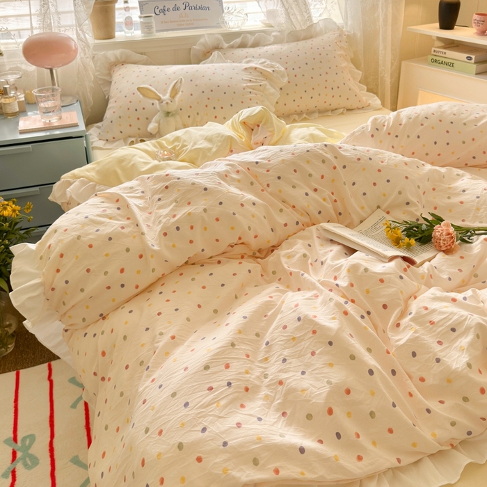 91家纺网 家纺一手货源 找家纺 慕澄家纺 2025新款法式浪漫风花边款水洗棉四件套 花边款-奶油波点