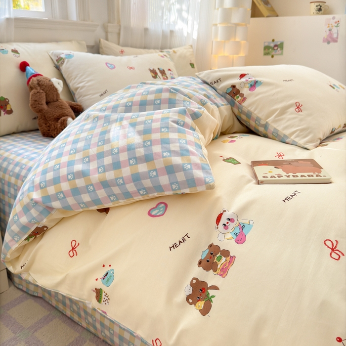 91家纺网 家纺一手货源 找家纺 清雅福 2025全棉13372小清新四件套和单品早春系列第一批 - 单被套 三只小熊