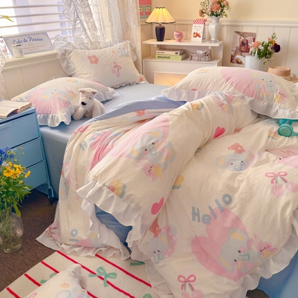 慕澄家纺 2025新款法式浪漫风花边款水洗棉四件套 花边款-小象