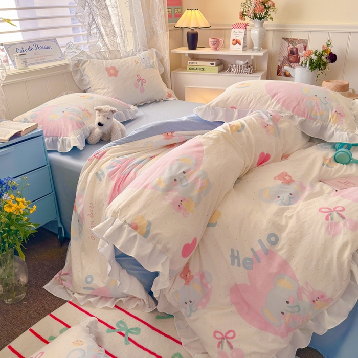 91家纺网 家纺一手货源 找家纺 慕澄家纺 2025新款法式浪漫风花边款水洗棉四件套 花边款-小象