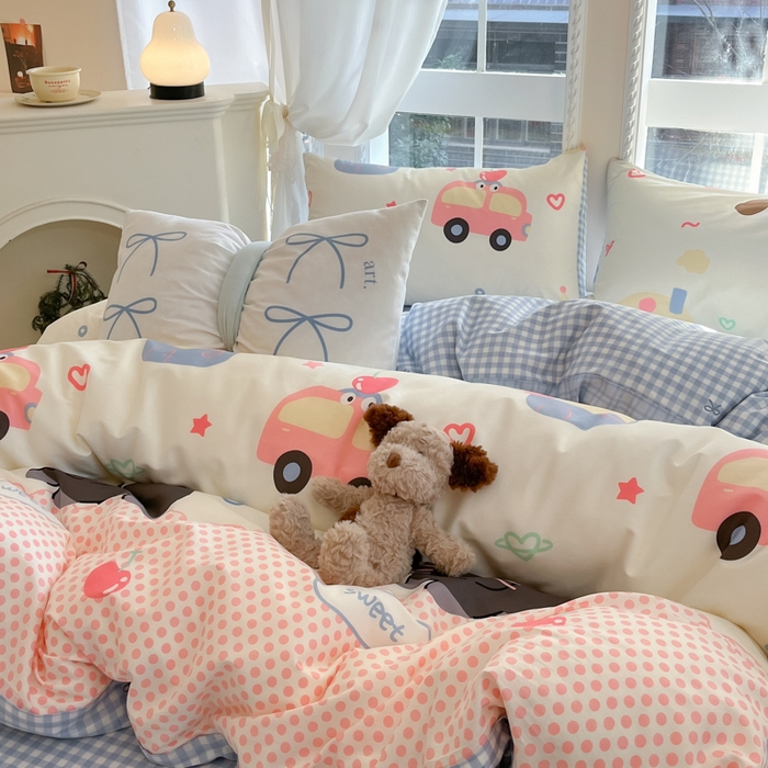 91家纺网 家纺一手货源 找家纺 Sweet dreams甜梦 2025新款全棉印花卡通小清新四件套 蛋糕猫猫