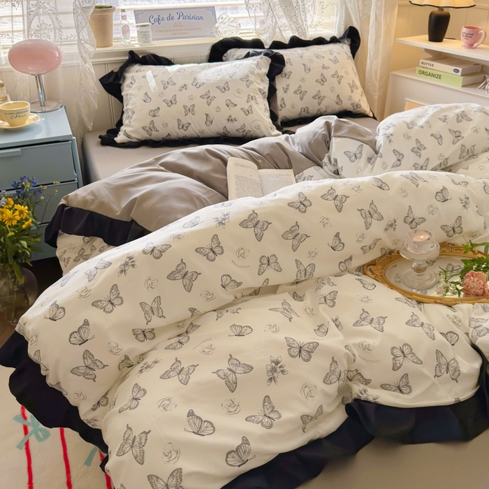 91家纺网 家纺一手货源 找家纺 慕澄家纺 2025新款法式浪漫风花边款水洗棉四件套 花边款-蝶恋