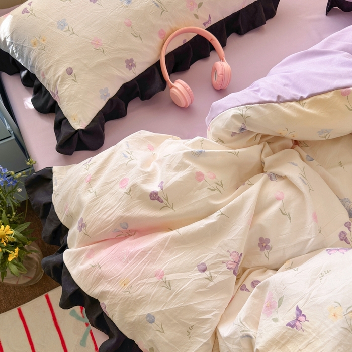 91家纺网 家纺一手货源 找家纺 慕澄家纺 2025新款法式浪漫风花边款水洗棉四件套 花边款-觅蝶