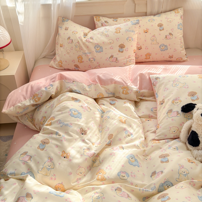 91家纺网 家纺一手货源 找家纺 清雅福 2025全棉13372小清新四件套和单品早春系列第一批-单枕套 狗狗家族