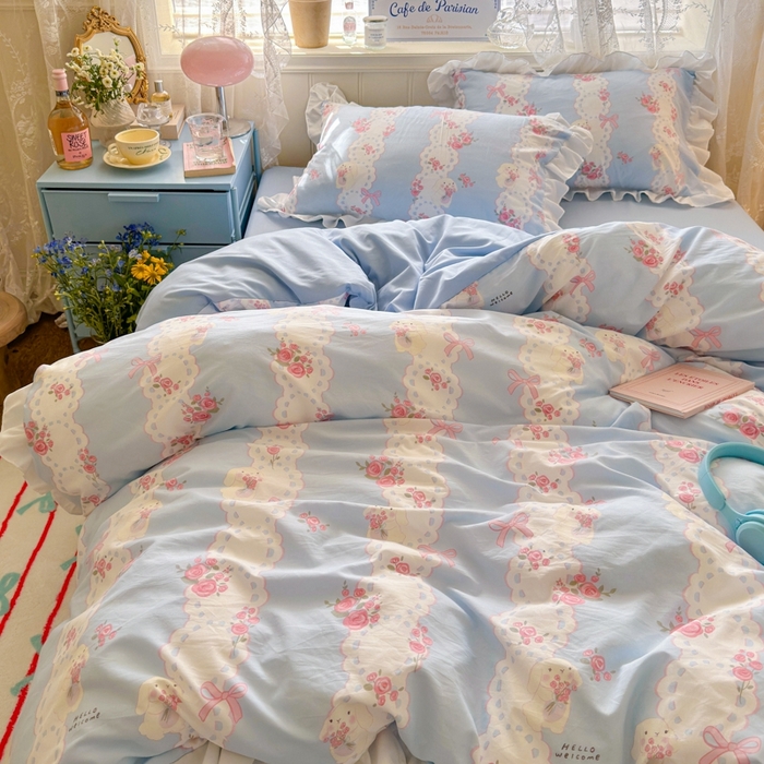 91家纺网 家纺一手货源 找家纺 慕澄家纺 2025新款法式浪漫风花边款水洗棉四件套 花边款-蓝色花语