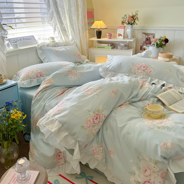 91家纺网 家纺一手货源 找家纺 （总）慕澄家纺 2025新款法式浪漫风花边款水洗棉四件套