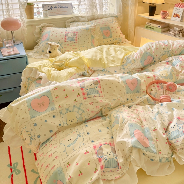 91家纺网 家纺一手货源 找家纺 慕澄家纺 2025新款法式浪漫风花边款水洗棉四件套 花边款-格子铺