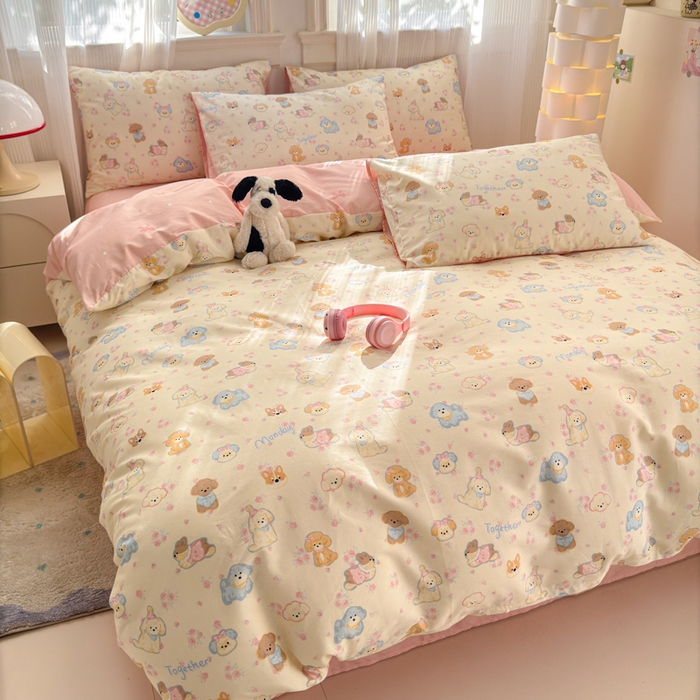 91家纺网 家纺一手货源 找家纺 清雅福 2025全棉13372小清新四件套和单品早春系列第一批-四件套 狗狗家族