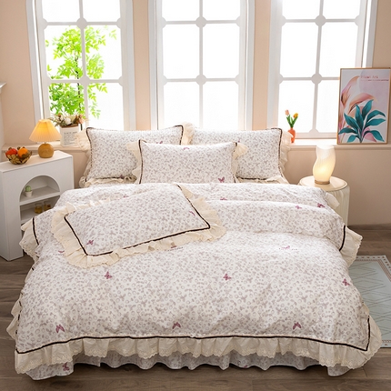木兰花 2025新款欧式全棉印花韩版花边夹棉床盖床裙款四件套【控价288元起】 蝶恋花语