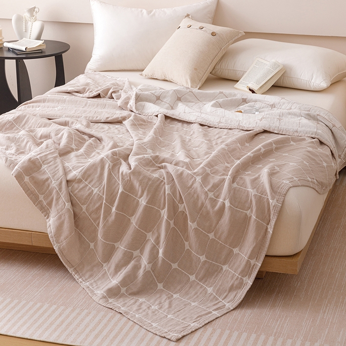 91家纺网 家纺一手货源 找家纺 朴尔家纺-毛巾被 2025新款全棉水洗柔绉三层纱布毛巾被 趣想-驼