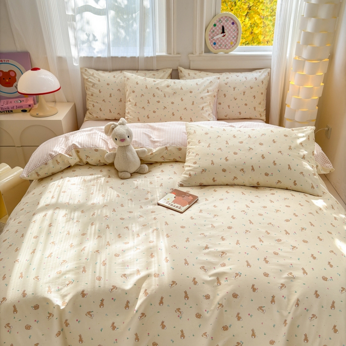 91家纺网 家纺一手货源 找家纺 清雅福 2025全棉13372小清新四件套和单品早春系列第一批 - 单被套 兔精灵