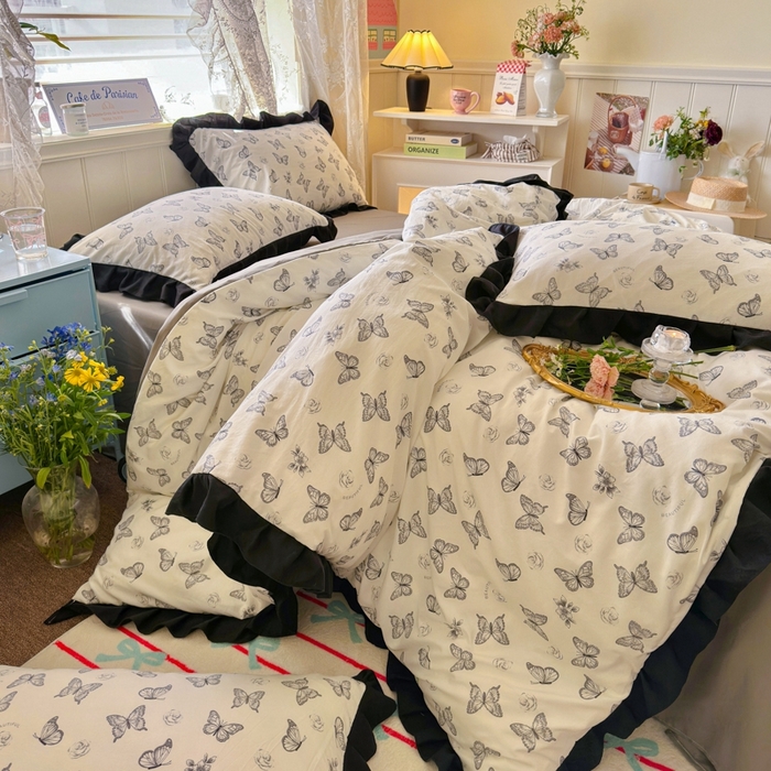 91家纺网 家纺一手货源 找家纺 慕澄家纺 2025新款法式浪漫风花边款水洗棉四件套 花边款-蝶恋