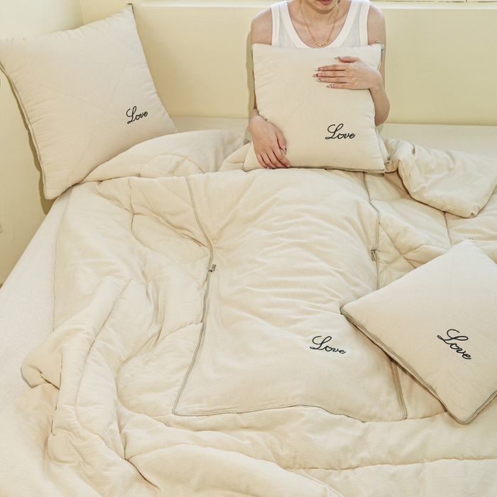 91家纺网 家纺一手货源 找家纺 番茄+ 2025新款全棉麻感纯色抱枕被 卡其