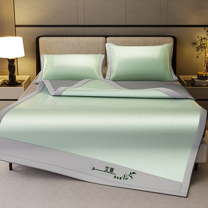 阿牛席业 2025新款水洗冰晶系列-宽头绣复三明治条席 饼干花-绿-反面三明治款条席