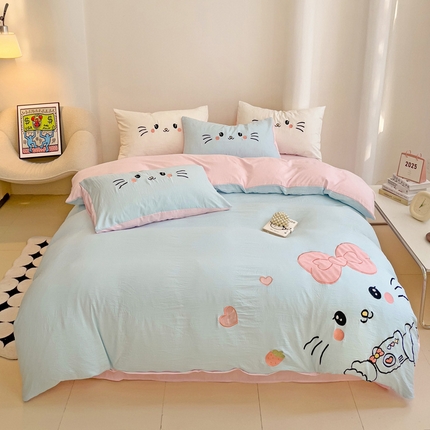 逸尚阁 2025新款可爱猫咪贴布绣水洗棉四件套【提供买家秀】 可爱猫咪-蓝拼粉