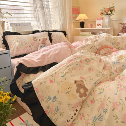 慕澄家纺 2025新款法式浪漫风花边款水洗棉四件套 花边款-花园宝贝