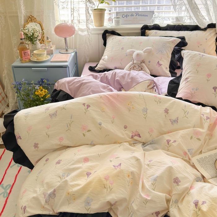 91家纺网 家纺一手货源 找家纺 慕澄家纺 2025新款法式浪漫风花边款水洗棉四件套 花边款-觅蝶