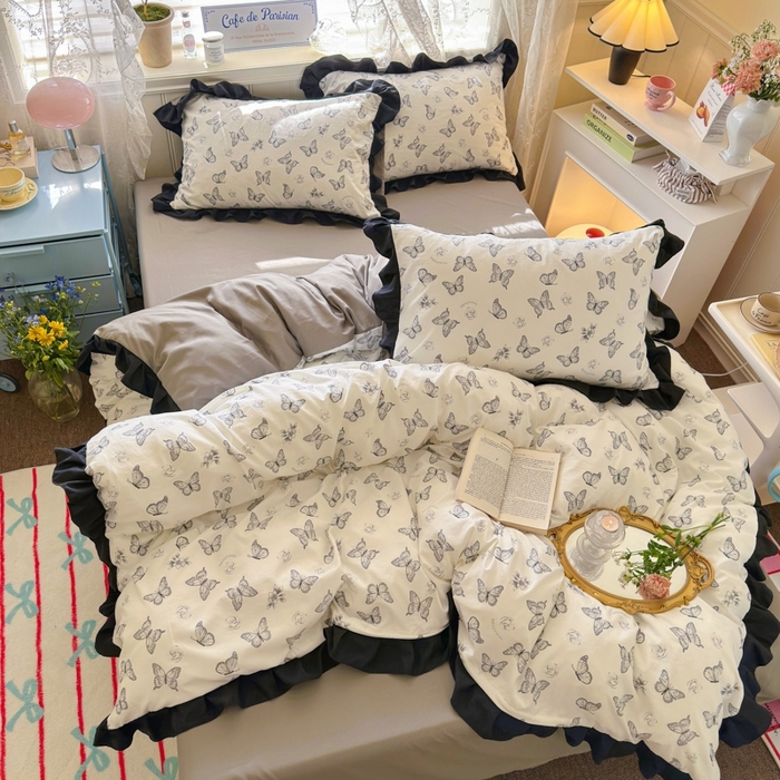 91家纺网 家纺一手货源 找家纺 慕澄家纺 2025新款法式浪漫风花边款水洗棉四件套 花边款-蝶恋