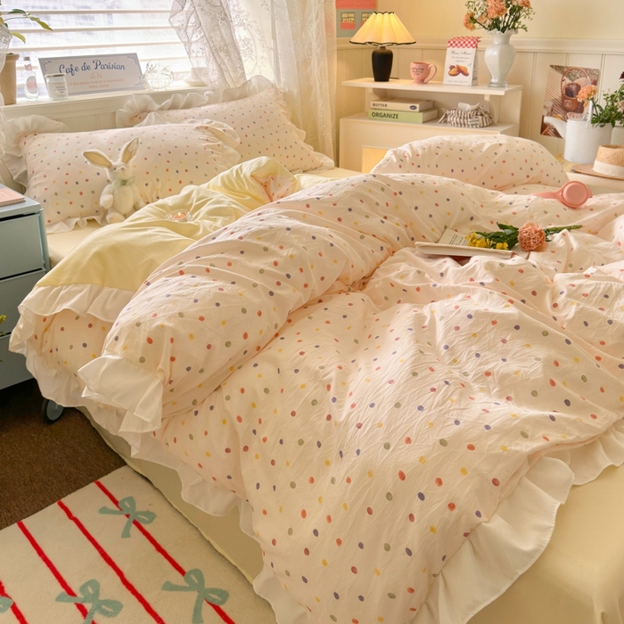 91家纺网 家纺一手货源 找家纺 慕澄家纺 2025新款法式浪漫风花边款水洗棉四件套 花边款-奶油波点