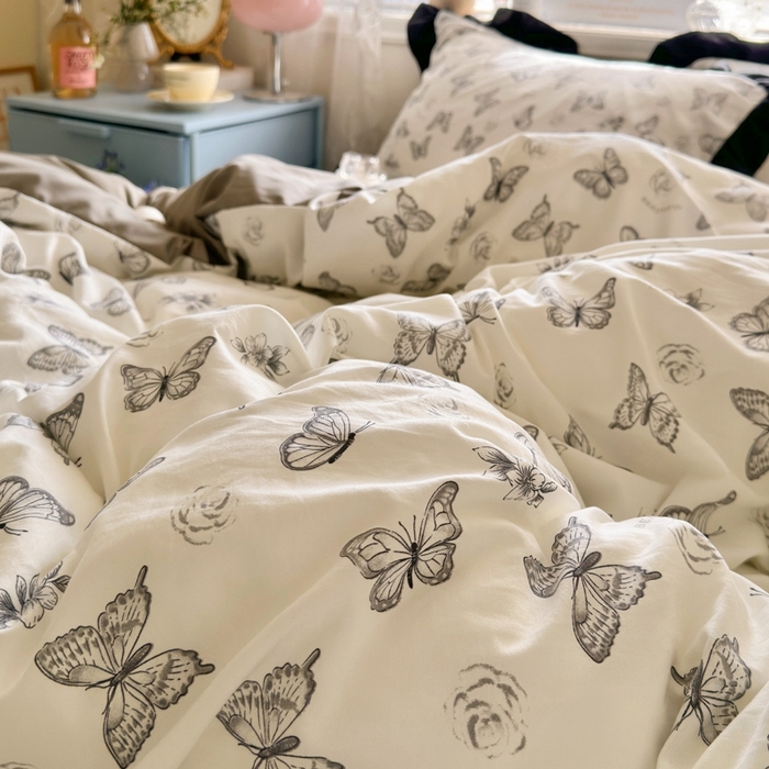 91家纺网 家纺一手货源 找家纺 慕澄家纺 2025新款法式浪漫风花边款水洗棉四件套 花边款-蝶恋