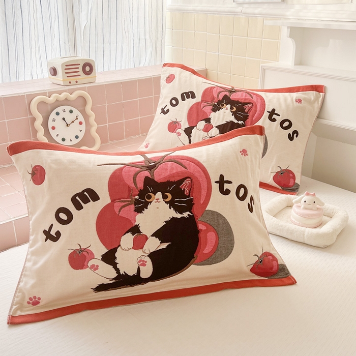 91家纺网 家纺一手货源 找家纺 朴尔家纺-毛巾被 2025新款多彩八层纯棉加厚纱布枕巾 西红柿猫