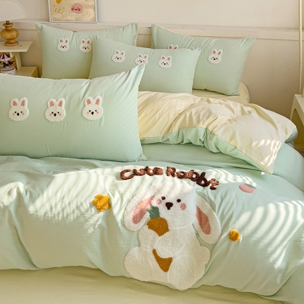91家纺网 家纺一手货源 找家纺 （总）逸尚阁 2025新款可爱兔毛巾绣水洗棉四件套【提供买家秀】