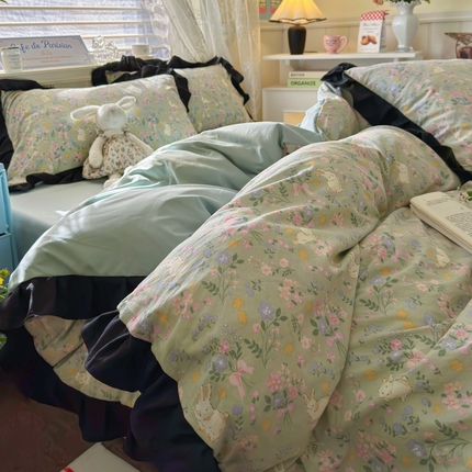 慕澄家纺 2025新款法式浪漫风花边款水洗棉四件套 花边款-碎花兔兔