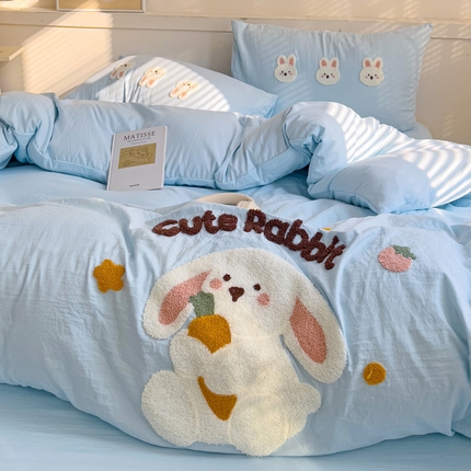 91家纺网 家纺一手货源 找家纺 （总）逸尚阁 2025新款可爱兔毛巾绣水洗棉四件套【提供买家秀】