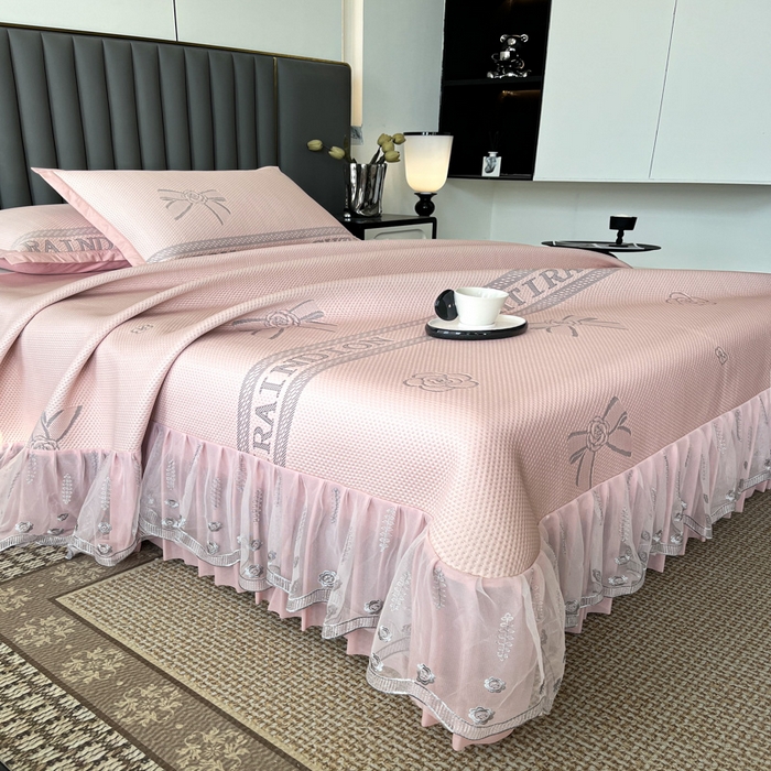 91家纺网 家纺一手货源 找家纺 阿牛席业 2025新款凉感床盖系列 g-蝴蝶结-粉（床盖）