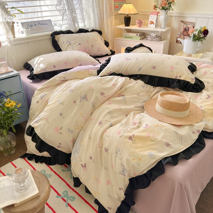 91家纺网 家纺一手货源 找家纺 慕澄家纺 2025新款法式浪漫风花边款水洗棉四件套 花边款-觅蝶