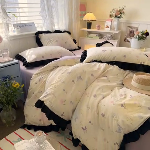 91家纺网 家纺一手货源 找家纺 慕澄家纺 2025新款法式浪漫风花边款水洗棉四件套 花边款-觅蝶