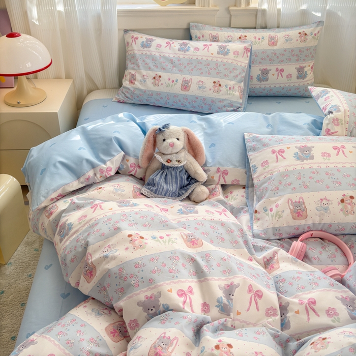 91家纺网 家纺一手货源 找家纺 清雅福 2025全棉13372小清新四件套和单品早春系列第一批 - 单被套 甜蜜萌宠