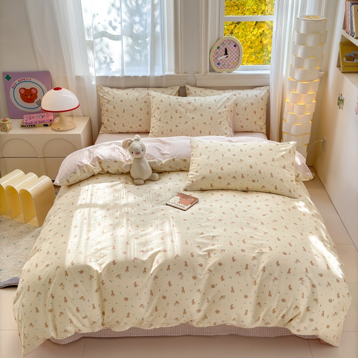 91家纺网 家纺一手货源 找家纺 清雅福 2025全棉13372小清新四件套和单品早春系列第一批-单枕套 兔精灵