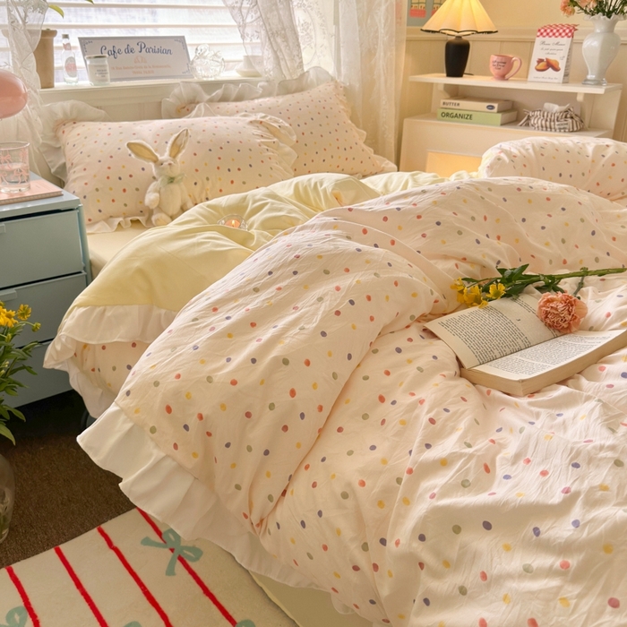 91家纺网 家纺一手货源 找家纺 慕澄家纺 2025新款法式浪漫风花边款水洗棉四件套 花边款-奶油波点