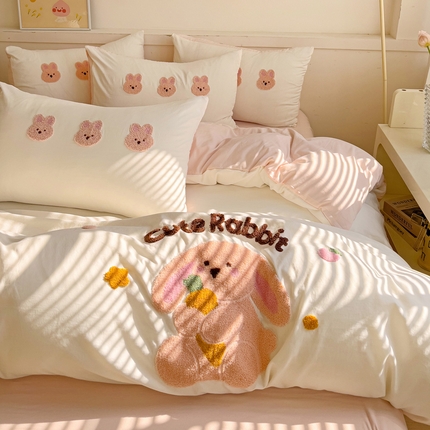 逸尚阁 2025新款可爱兔毛巾绣水洗棉四件套【提供买家秀】 可爱兔-粉白