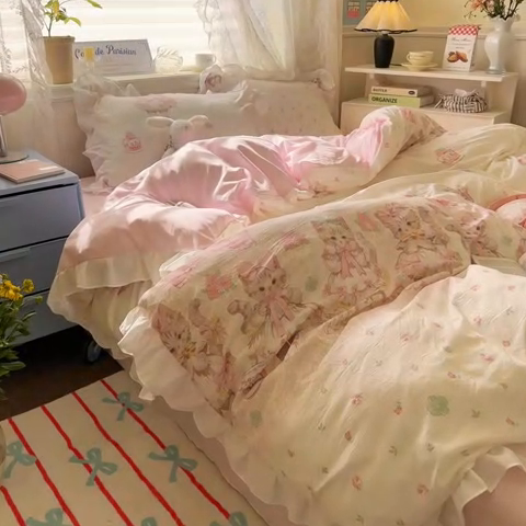 91家纺网 家纺一手货源 找家纺 慕澄家纺 2025新款法式浪漫风花边款水洗棉四件套 花边款-洛丽塔