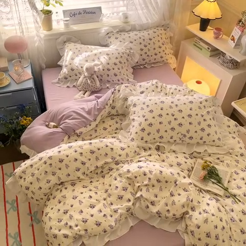 91家纺网 家纺一手货源 找家纺 慕澄家纺 2025新款法式浪漫风花边款水洗棉四件套 花边款-兔寻花