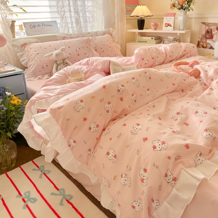 91家纺网 家纺一手货源 找家纺 慕澄家纺 2025新款法式浪漫风花边款水洗棉四件套 花边款-粉咪咪