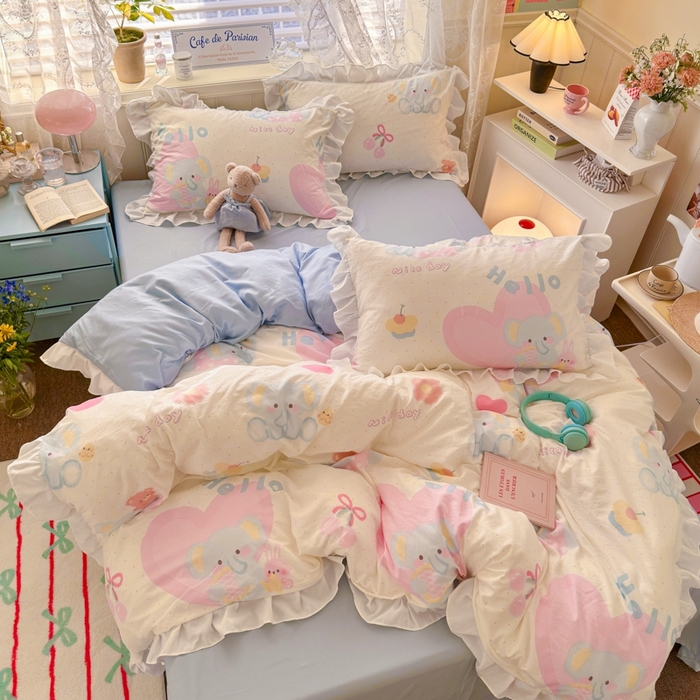 91家纺网 家纺一手货源 找家纺 慕澄家纺 2025新款法式浪漫风花边款水洗棉四件套 花边款-小象