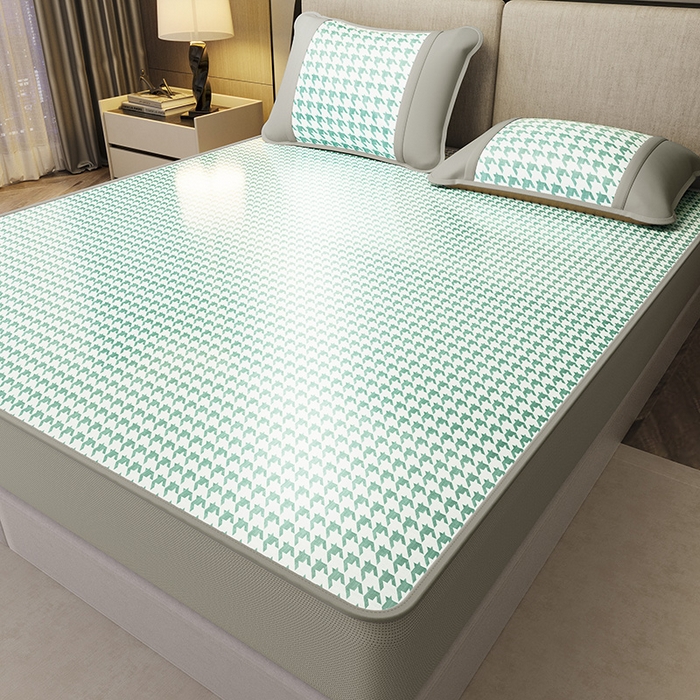 91家纺网 家纺一手货源 找家纺 阿牛席业 2025新款水洗冰晶系列-小边床笠款 大千鸟格-绿-床笠反面无纺布款