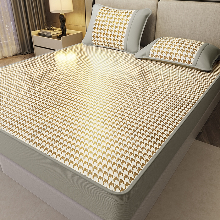 91家纺网 家纺一手货源 找家纺 阿牛席业 2025新款水洗冰晶系列-小边床笠款 大千鸟格-咖-床笠反面无纺布款