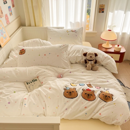 葡萄家 2025专版高克重超萌卡通格子双拼毛巾绣软糯糯水洗棉四件套 糖果卡皮巴拉