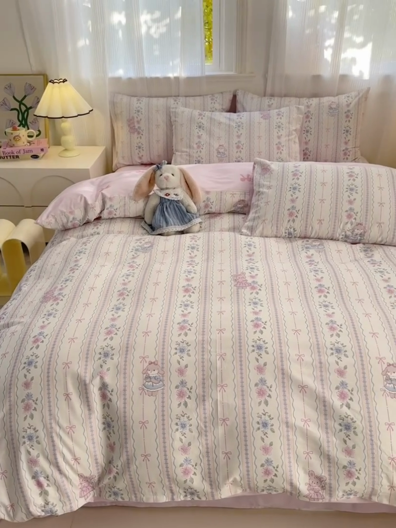 91家纺网 家纺一手货源 找家纺 清雅福 2025全棉13372小清新四件套和单品早春系列第一批-四件套 小铃花免