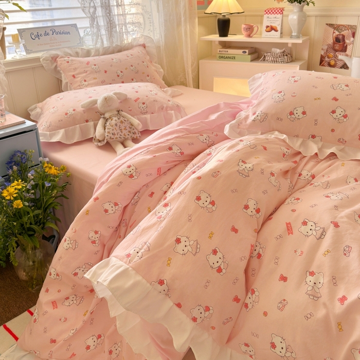 91家纺网 家纺一手货源 找家纺 慕澄家纺 2025新款法式浪漫风花边款水洗棉四件套 花边款-粉咪咪