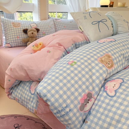 Sweet dreams甜梦 2025新款全棉印花卡通小清新四件套 格子小狗