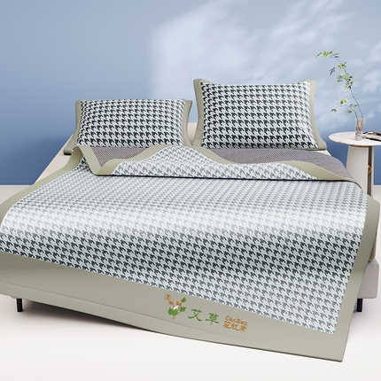 阿牛席业 2025新款水洗冰晶系列-宽头绣复三明治条席 大千鸟格-灰-反面三明治款条席